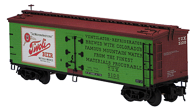 40' Wood Refrigerator Car 3-Rail -- Tivoli Beer (brown, green, black, gold, red, white)