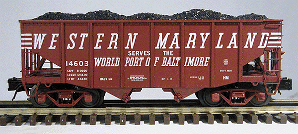 Master 55-Ton Fishbelly 2-Bay Open Hopper w/Flat Ends - 2-Rail - Ready to Run -- Western Maryland (Oxide Red, white)