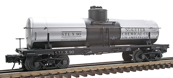 Atlas O Master(R) 8,000-Gallon Tank Car - 3-Rail - Ready to Run -- Stauffer Chemical Co. (silver, black, white)