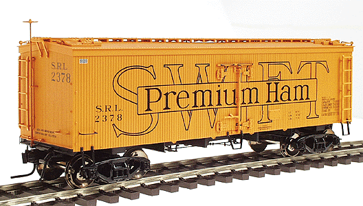 36' Wood Refrigerator Car 2-Rail -- Swift "Premium Ham" #2378, "Silverleaf" #2467