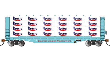 52' Open Centerbeam Flatcar with Lumber Load - Ready to Run -- Bennett Lumber Products #316 (blue, red)