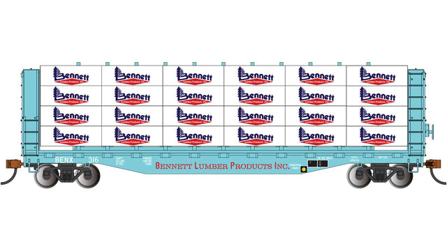 52' Open Centerbeam Flatcar with Lumber Load - Ready to Run -- Bennett Lumber Products #316 (blue, red)