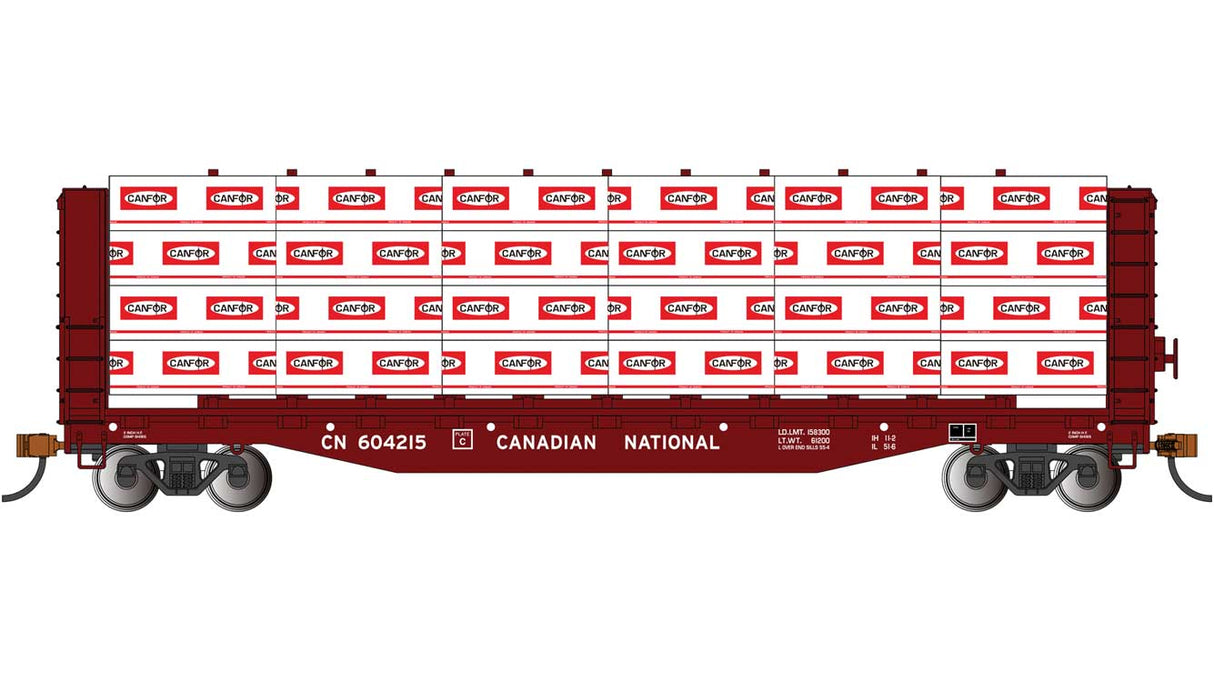 52' Open Centerbeam Flatcar with Lumber Load - Ready to Run -- Canadian National #604215 (Boxcar Red)