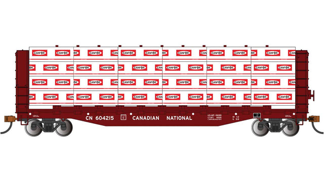 52' Open Centerbeam Flatcar with Lumber Load - Ready to Run -- Canadian National #604215 (Boxcar Red)