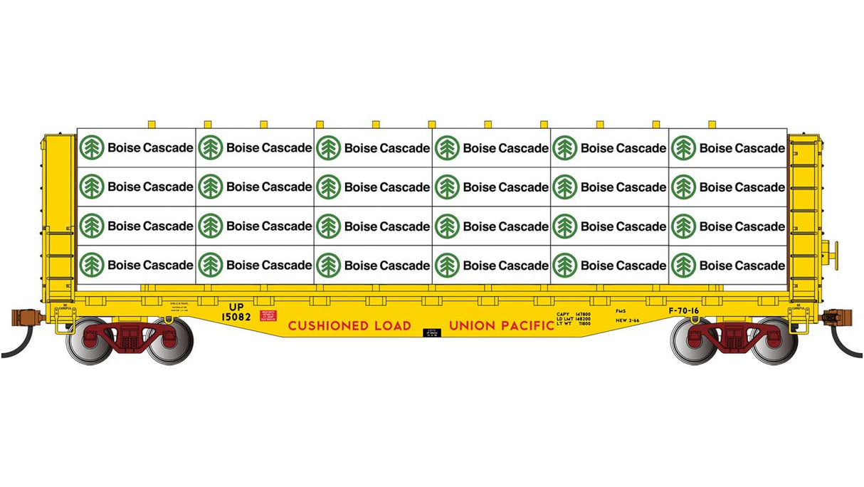 52' Open Centerbeam Flatcar with Lumber Load - Ready to Run -- Union Pacific #15082 (Armour Yellow, red)