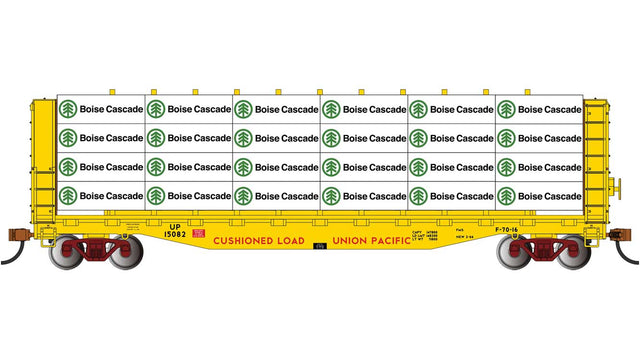 52' Open Centerbeam Flatcar with Lumber Load - Ready to Run -- Union Pacific #15082 (Armour Yellow, red)