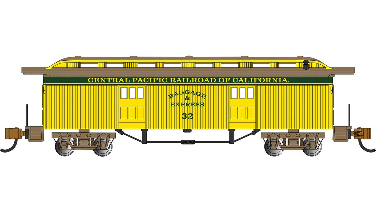 Old-Time Wood Baggage Car - Ready to Run -- Central Pacific #32 (yellow, green)