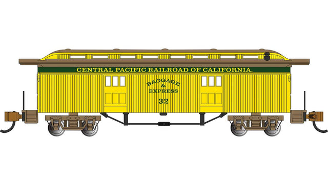 Old-Time Wood Baggage Car - Ready to Run -- Central Pacific #32 (yellow, green)