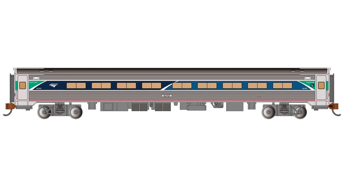 Budd Amfleet I Coach with Lighting - Ready to Run -- Amtrak #82765 (Phase VII, stainless, blue, green, white)