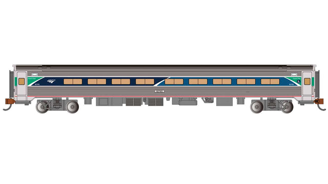 Budd Amfleet I Coach with Lighting - Ready to Run -- Amtrak #82765 (Phase VII, stainless, blue, green, white)