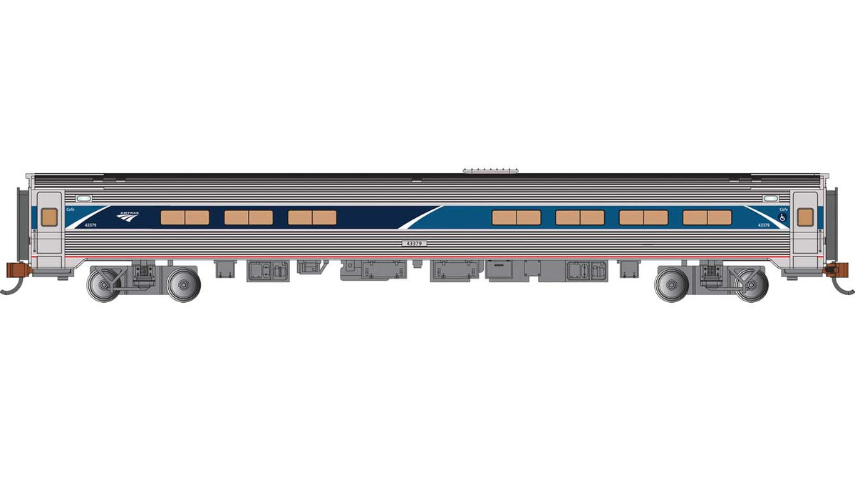 Budd Amfleet I Cafe with Lighting - Ready to Run -- Amtrak #43379 (Phase VII, stainless, blue, white)