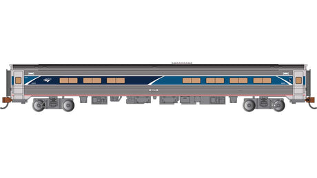 Budd Amfleet I Cafe with Lighting - Ready to Run -- Amtrak #43379 (Phase VII, stainless, blue, white)