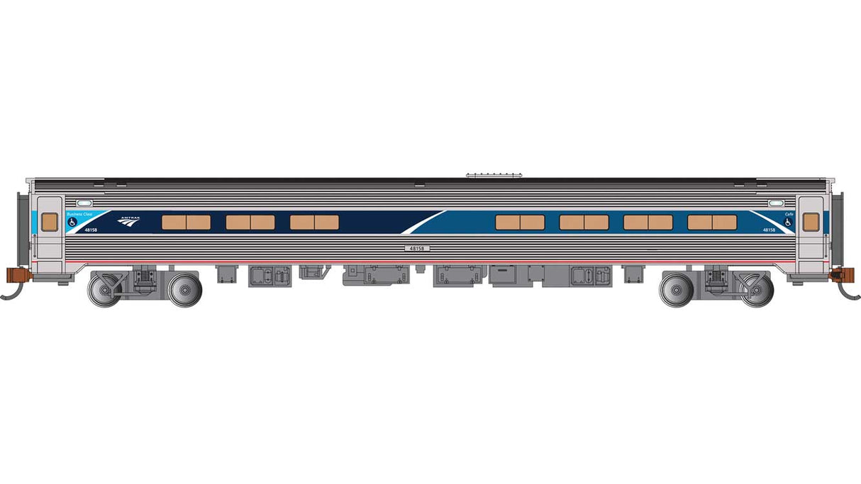 Budd Amfleet I Cafe with Lighting - Ready to Run -- Amtrak #48158 (Phase VII, Business Class, stainless, blue, green, white)