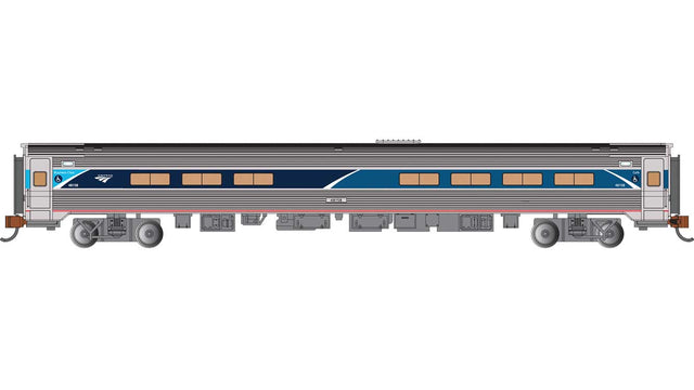 Budd Amfleet I Cafe with Lighting - Ready to Run -- Amtrak #48158 (Phase VII, Business Class, stainless, blue, green, white)