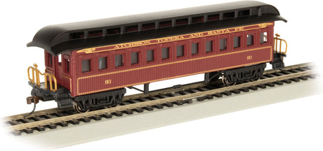 Old-Time Wood Coach with Round-End Clerestory Roof - Ready to Run -- Atchison, Topeka & Santa Fe #93 (Boxcar Red, black)
