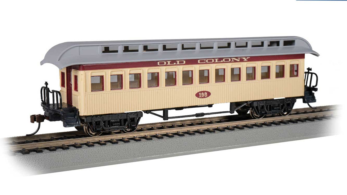 Old Time Wood Coach with Round-End Clerestory Roof - Ready to Run -- Old Colony Railroad (yellow, red)