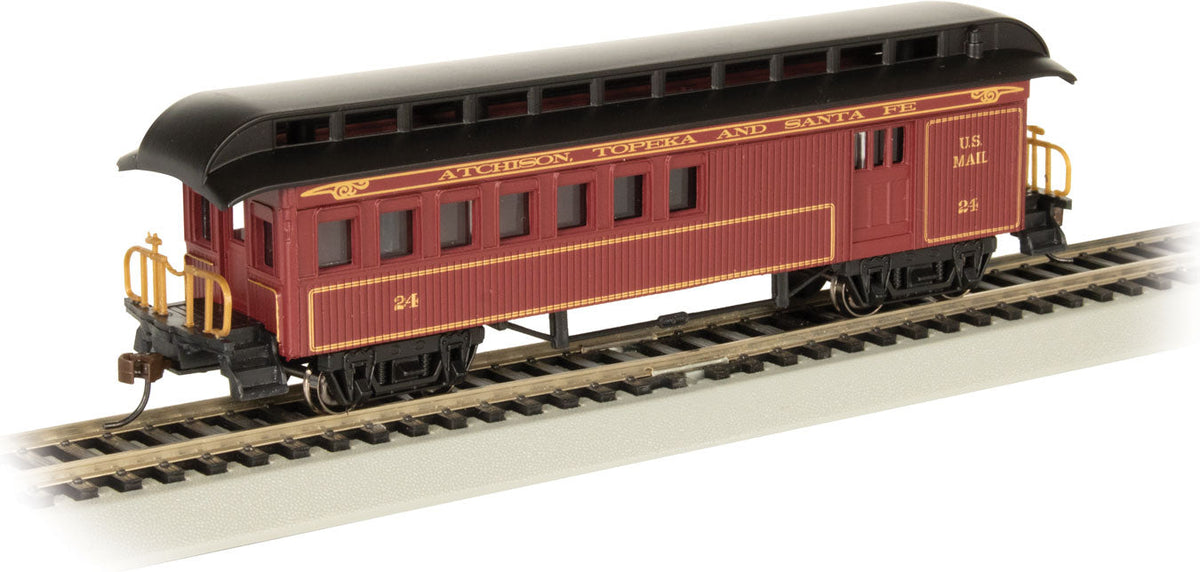 Old-Time Wood Combine with Round-End Clerestory Roof - Ready to Run -- Atchison, Topeka & Sante Fe #24 (Boxcar Red, black)