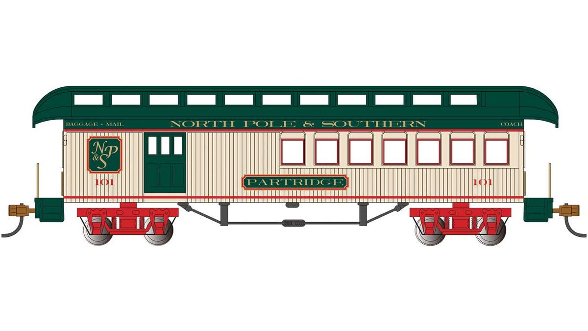 Old-Time Wood Combine with Round-End Clerestory Roof - Ready to Run -- North Pole & Southern Turtle Dove (Christmas, cream, green, red)