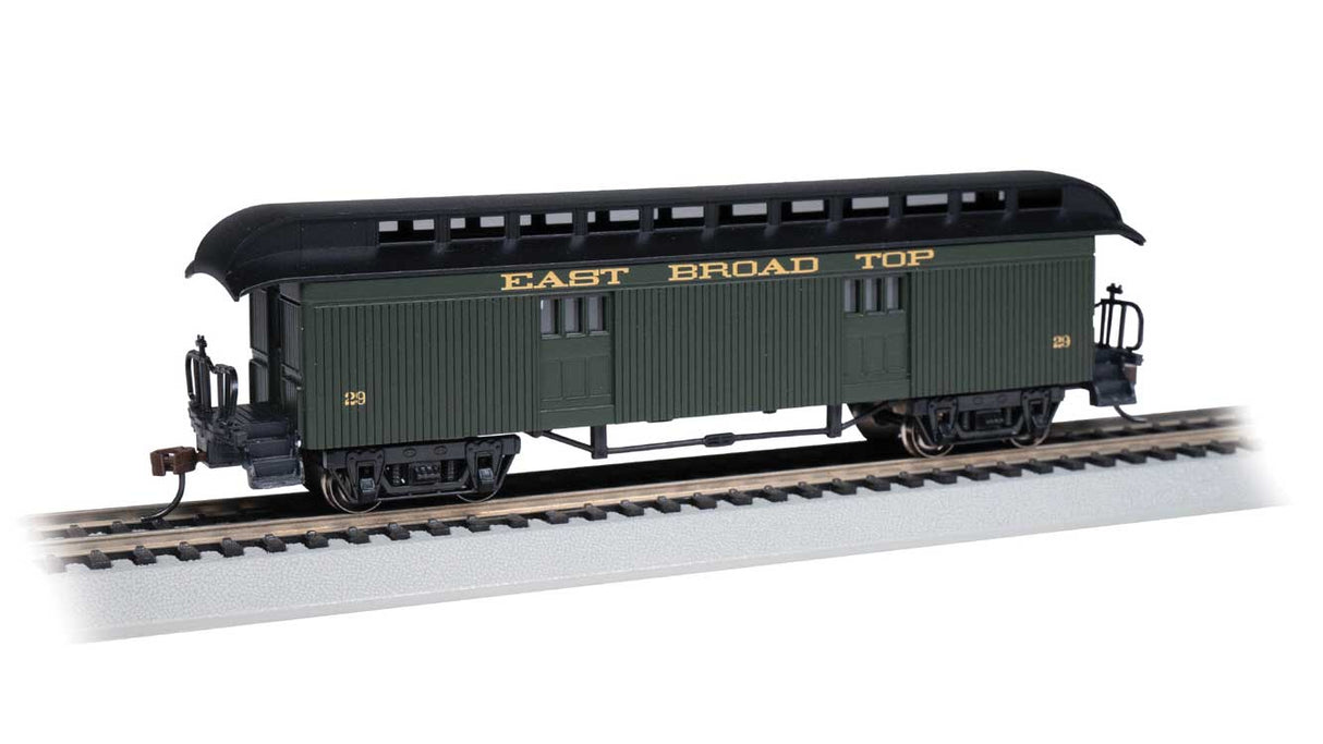 Old Time Wood Baggage with Round-End Clerestory Roof - Ready to Run -- East Broad Top (green, gray)