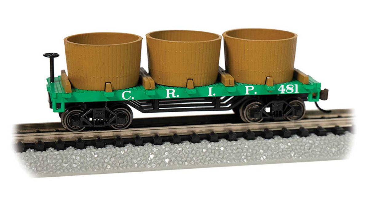 Old-Time Wood Tank Car with 3 Tanks - Ready to Run -- Rock Island (green)