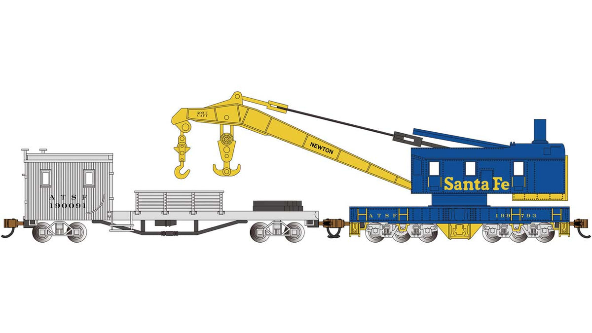 250-Ton Crane and Boom Tender - Ready to Run -- Santa Fe (blue, yellow, silver)