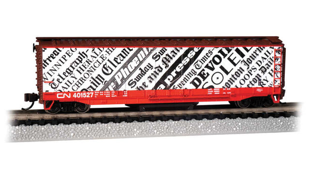 Track Cleaning 50' Plug-Door Boxcar - Ready to Run -- Canadian National #401527 (Boxcar Red, yellow, white; Newsprint Graphics)