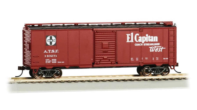 40' Steel Boxcar - Ready to Run -- Santa Fe #140721 (Boxcar Red; Map Scheme, El Capitan Slogan)