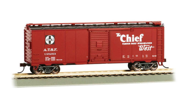 40' Steel Boxcar - Ready to Run -- Santa Fe #145263 (Boxcar Red; Map Scheme, Chief Slogan)