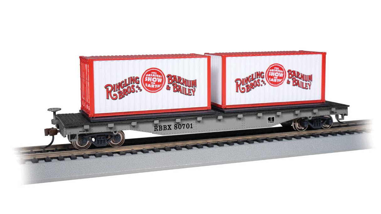 50' Flatcar w/Containers - Ready to Run -- Ringling Bros. and Barnum & Bailey #80701 (silver, red)