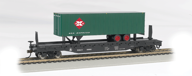 52' 6" Flatcar w/35' Piggyback Trailer - Ready to Run - Silver Series(R) -- Baltimore & Ohio w/REA Trailer (black, Car; green, red Trailer)-1