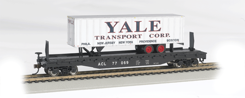 52' 6" Flatcar w/35' Piggyback Trailer - Ready to Run - Silver Series(R) -- Atlantic Coast Line (black Car, silver Trailer w/Billboard Lettering)-1