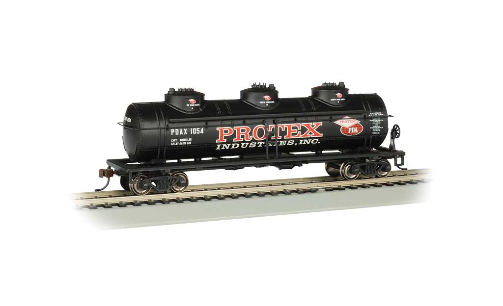 40' 3-Dome Tank Car - Ready to Run - Silver Series(R) -- Protex Industries POAX #1054 (black, red, white)