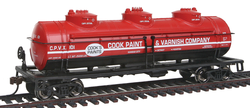 40' 3-Dome Tank Car - Ready to Run - Silver Series(R) -- Cook Paint & Varnish Co. CPVX 101 (red, black, white)-1