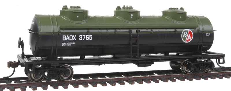 40' 3-Dome Tank Car - Ready to Run - Silver Series(R) -- British American Oil BAOX #3765 (green, black, red)-1