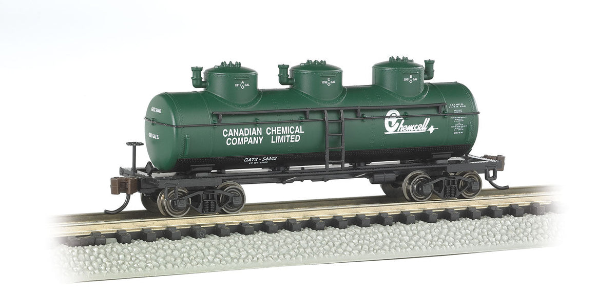 3-Dome Tank Car - Ready-to-Run -- Canadian Chemical Co., Ltd. GATX (green, white, black; Chemcell Logo)-2