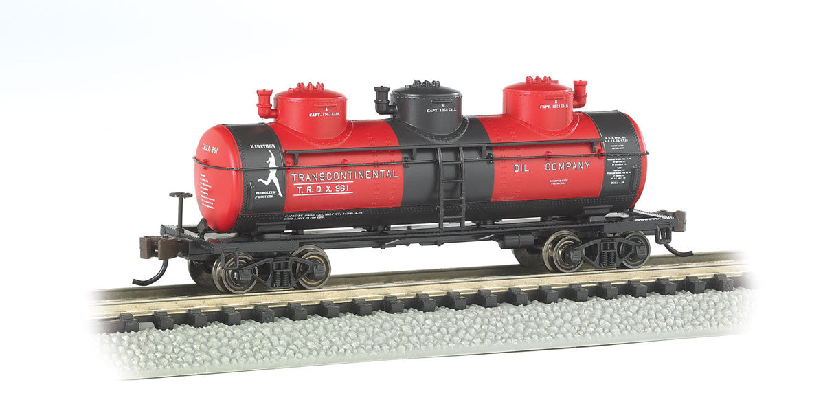 3-Dome Tank Car - Ready-to-Run -- Transcontinental Oil Co. (black, red)-2