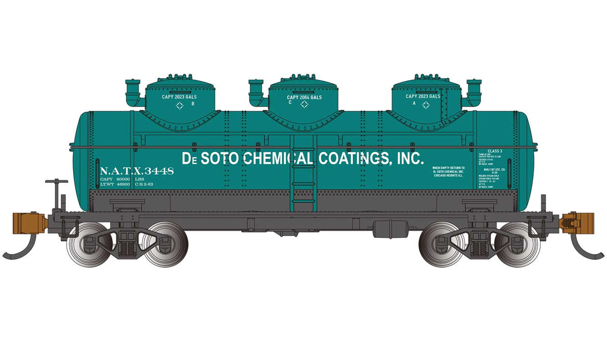 3-Dome Tank Car - Ready to Run - Silver Series(R) -- DeSoto Chemical Coatings #3448 (green, black, white)