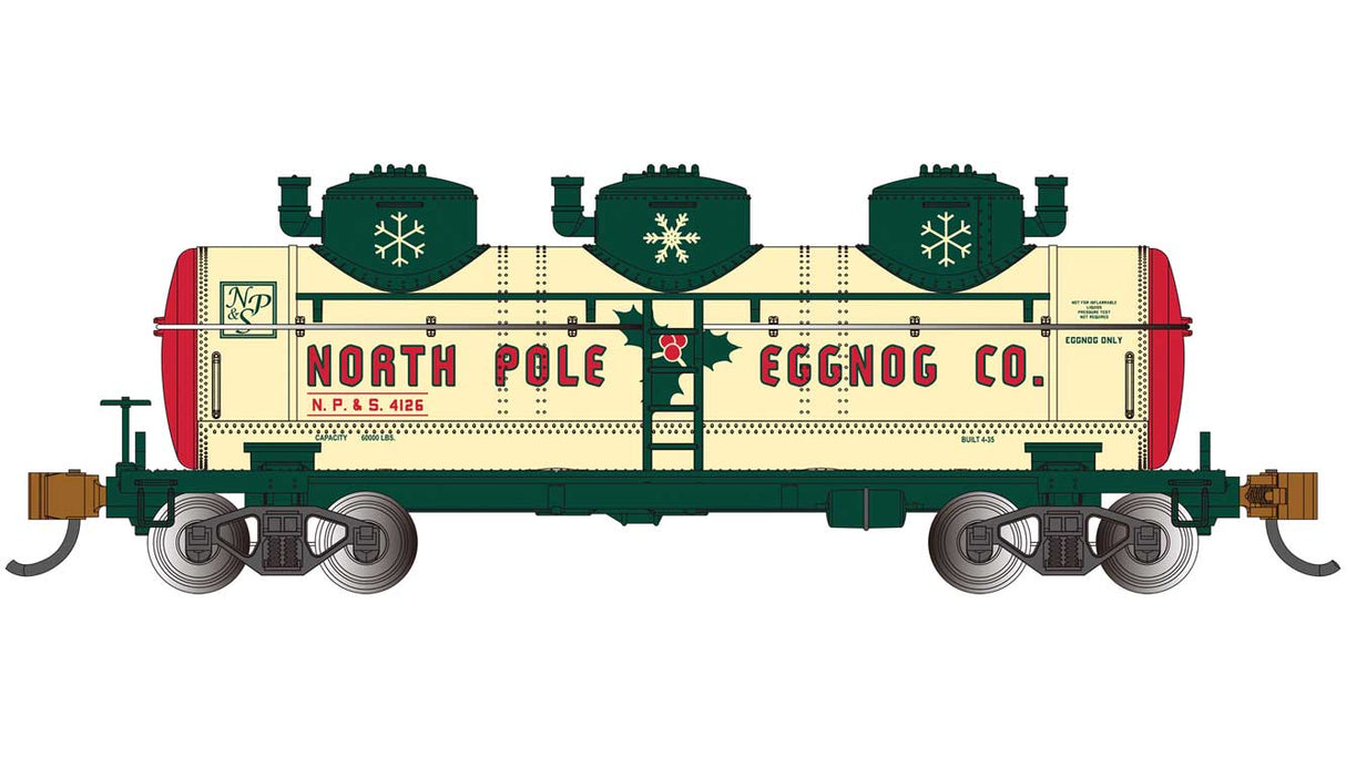 3-Dome Tank Car - Ready to Run - Silver Series(R) -- North Pole & Southern #4126 (Christmas Eggnog, cream, green, red)