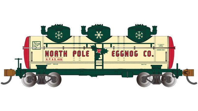 3-Dome Tank Car - Ready to Run - Silver Series(R) -- North Pole & Southern #4126 (Christmas Eggnog, cream, green, red)
