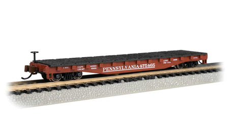 52' Steel Flatcar - Ready to Run -- Santa Fe #90852 (red, white; "Super Shock Control" Slogan)