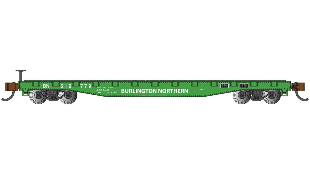 52' Flatcar - Ready to Run - Silver Series(R) -- Burlington Northern #612779 (Cascade Green, white)