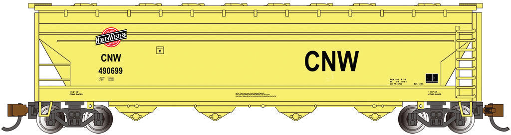 56' ACF Center-Flow Covered Hopper - Ready to Run - Silver Series(R) -- Chicago & North Western (yellow, black; Large CNW)-1