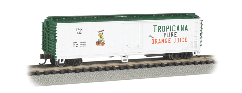ACF 50' Steel Mechanical Reefer (2012 Version) - Ready to Run -- Tropicana Orange Juice TPIX #742 (white, green, orange; Girl Logo)-1