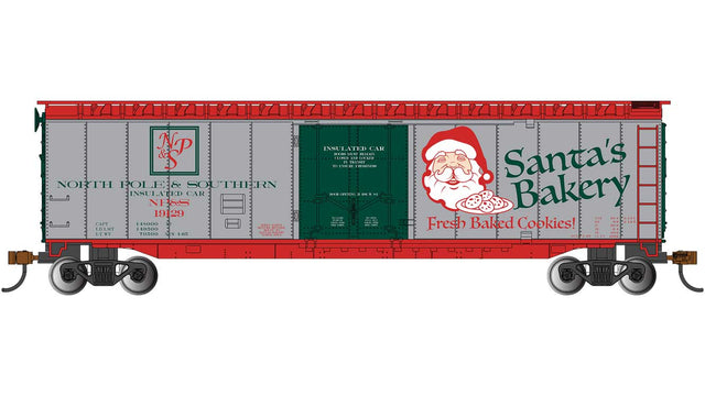 50' Plug-Door Boxcar - Ready to Run - Silver Series(R) -- North Pole & Southern #4126 (Christmas Santa's Bakery, gray, green, red)