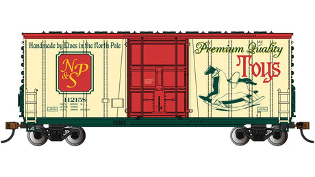 40' Hi-Cube Boxcar - Ready to Run - Silver Series(R) -- North Pole & Southern #112158 (Christmas Toys, cream, green, red)