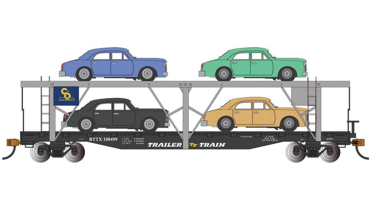52' Open Auto Carrier with Sedan Load - Ready to Run -- Chesapeake & Ohio #100499 (black, gray, Trailer-Train Markings)