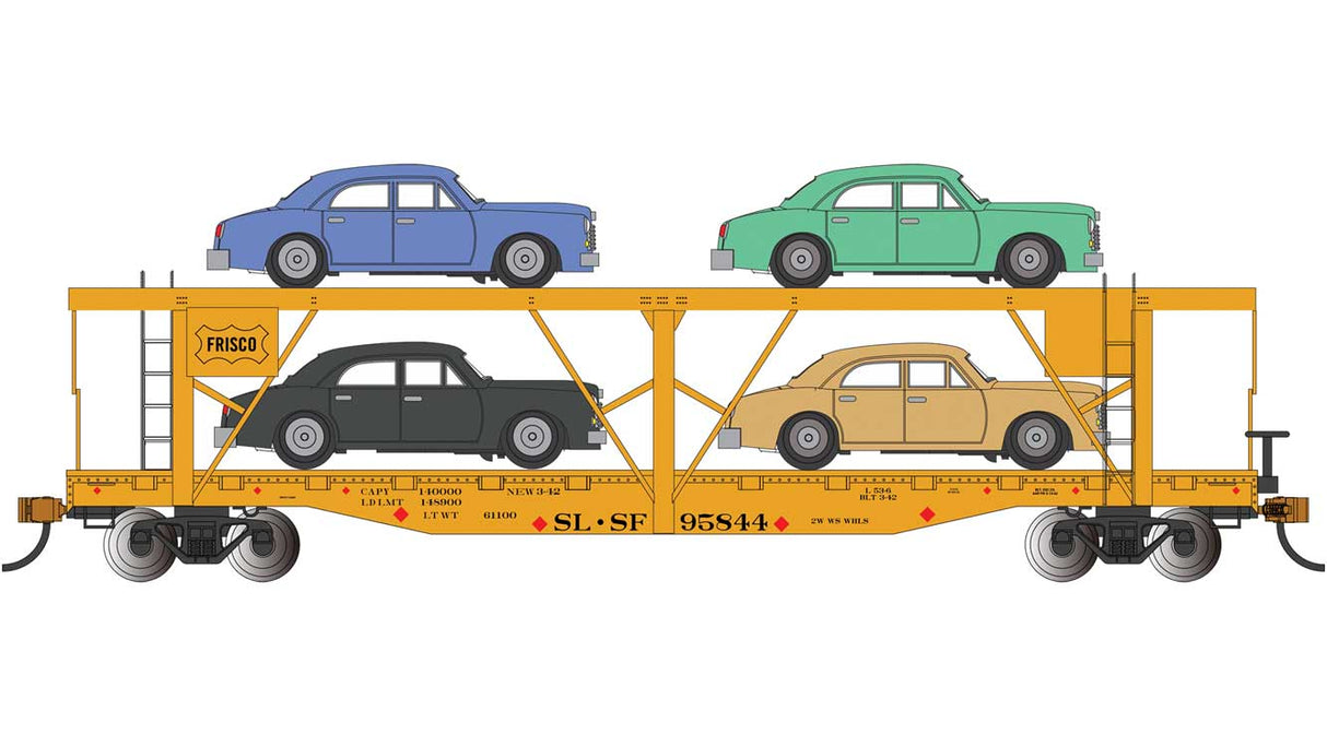 52' Open Auto Carrier with Sedan Load - Ready to Run -- St. Louis-San Francisco #95844 (yellow, black, Frisco Logo)