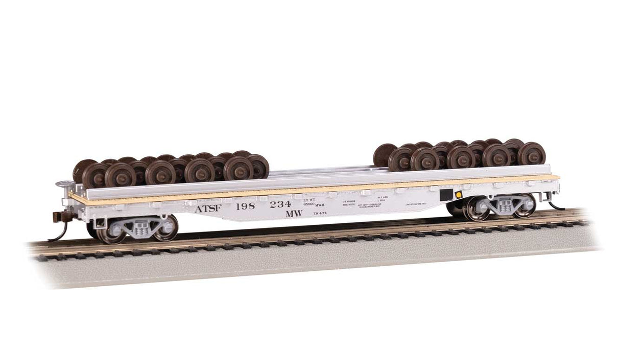 52' Wheel Flatcar with Load - Ready to Run -- Santa Fe #198234 (MOW silver, black)