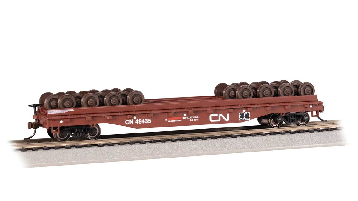 52' Wheel Flatcar with Load - Ready to Run -- Canadian National #49435 (Boxcar Red, Noodle Logo)