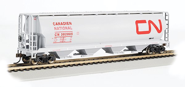 Canadian Cylindrical 4-Bay Grain Hopper - Ready to Run - Silver Series(R) -- Canadian National (white, red; Large Noodle Logo)-1